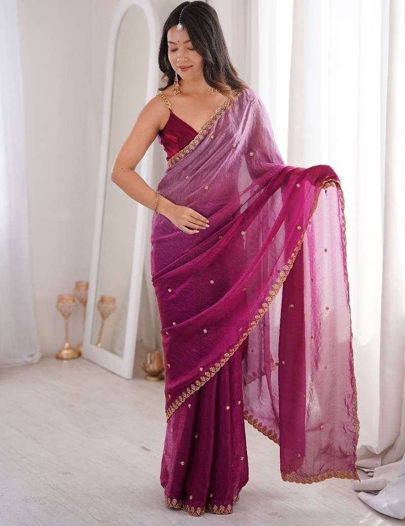 Wine colour fendy satin sequins embroidered saree with unstitched blouse