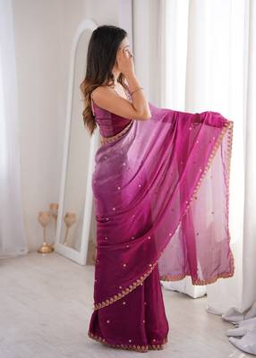 Wine colour fendy satin sequins embroidered saree with unstitched blouse 2