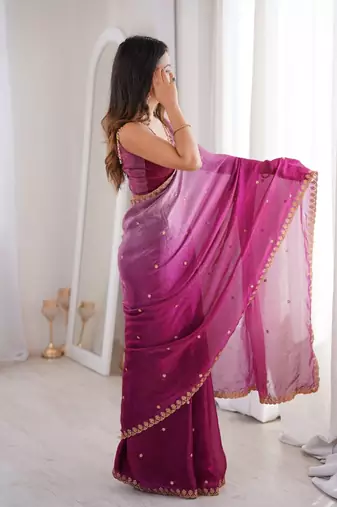 Wine colour fendy satin sequins embroidered saree with unstitched blouse