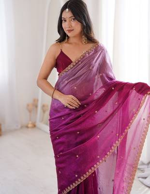 Wine colour fendy satin sequins embroidered saree with unstitched blouse 3