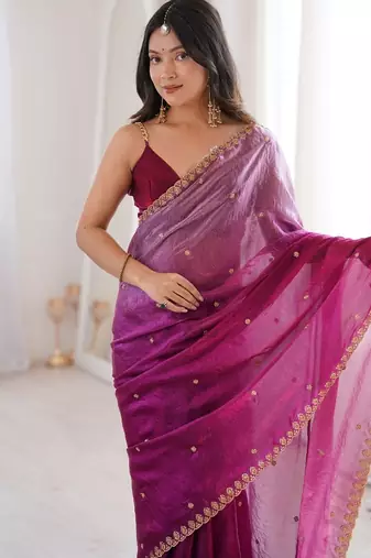 Wine colour fendy satin sequins embroidered saree with unstitched blouse