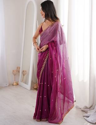 Wine colour fendy satin sequins embroidered saree with unstitched blouse 4