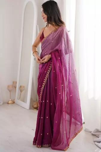 Wine colour fendy satin sequins embroidered saree with unstitched blouse