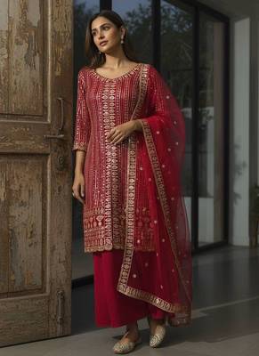 Red colour georgette embroidered kurti palazzo set 1