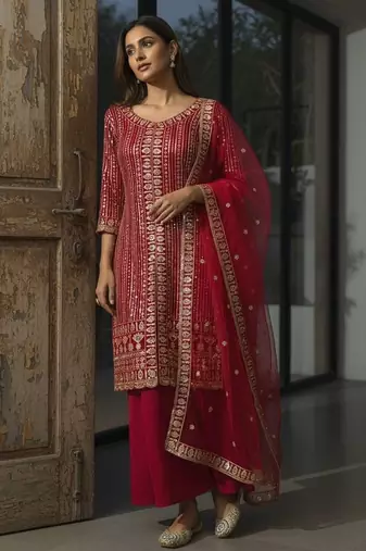 Red colour georgette embroidered kurti palazzo set