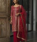 Red colour georgette embroidered kurti palazzo set