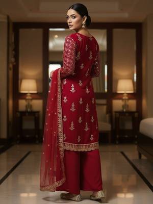 Red colour georgette embroidered kurti palazzo set 2