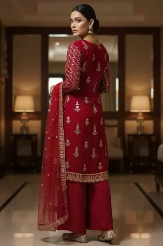 Red colour georgette embroidered kurti palazzo set