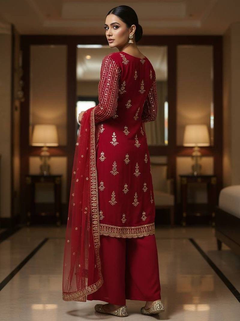 Red colour georgette embroidered kurti palazzo set
