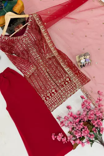 Red colour georgette embroidered kurti palazzo set