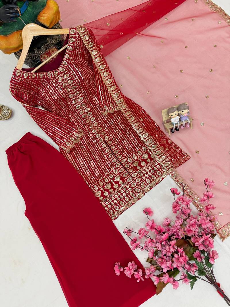 Red colour georgette embroidered kurti palazzo set