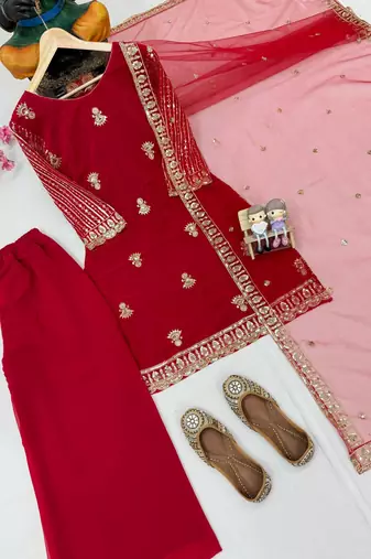 Red colour georgette embroidered kurti palazzo set