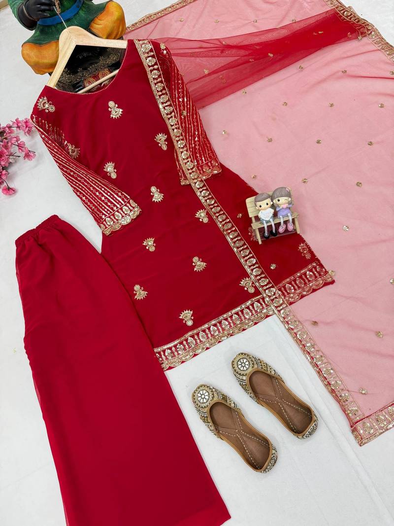 Red colour georgette embroidered kurti palazzo set