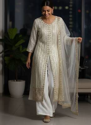 Off-white colour georgette embroidered kurti palazzo set 1