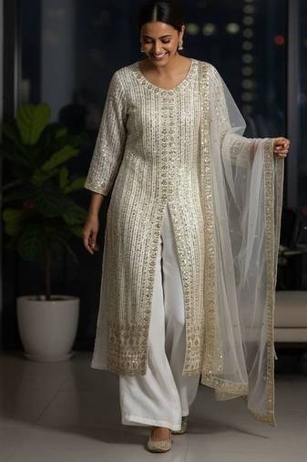 Off-white colour georgette embroidered kurti palazzo set