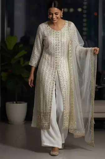 Off-white colour georgette embroidered kurti palazzo set