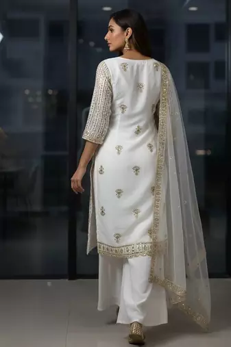 Off-white colour georgette embroidered kurti palazzo set