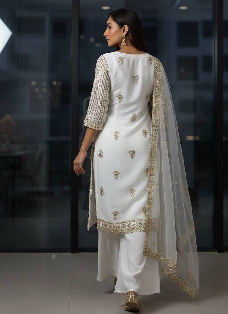 Off-white colour georgette embroidered kurti palazzo set
