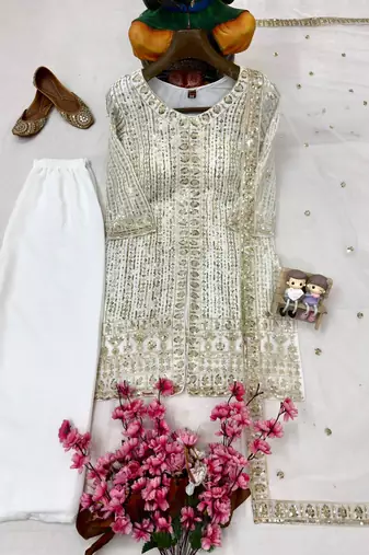 Off-white colour georgette embroidered kurti palazzo set