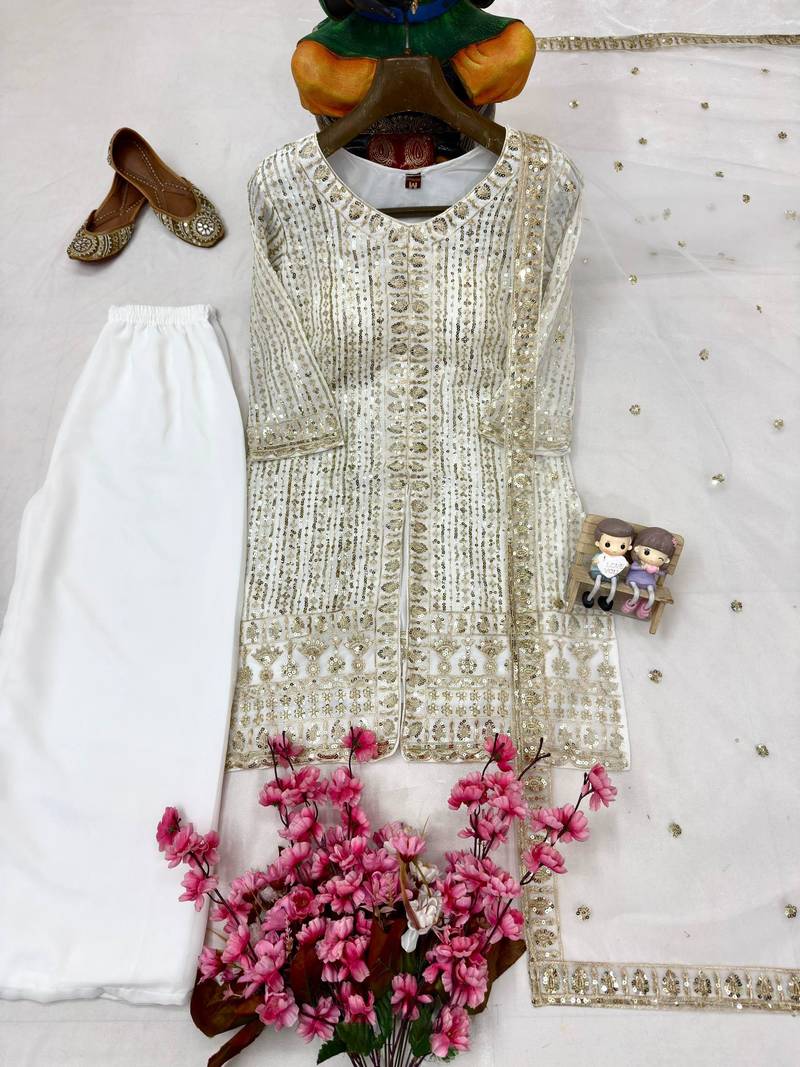 Off-white colour georgette embroidered kurti palazzo set