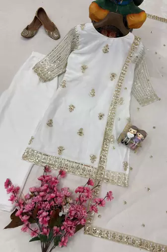 Off-white colour georgette embroidered kurti palazzo set