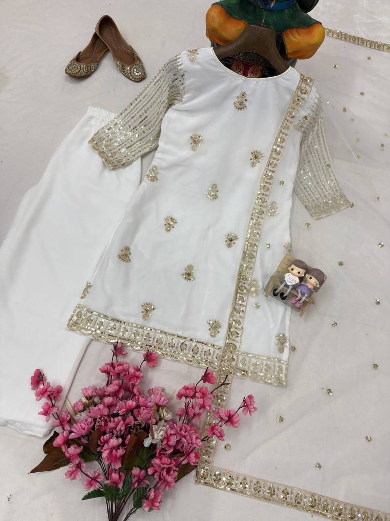 Off-white colour georgette embroidered kurti palazzo set
