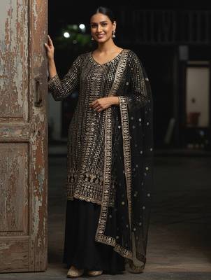 Black georgette embroidered kurti palazzo set 1