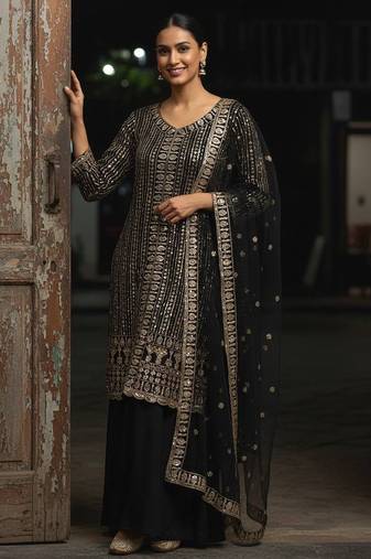 Black georgette embroidered kurti palazzo set