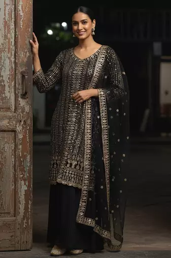 Black colour georgette embroidered kurti palazzo set