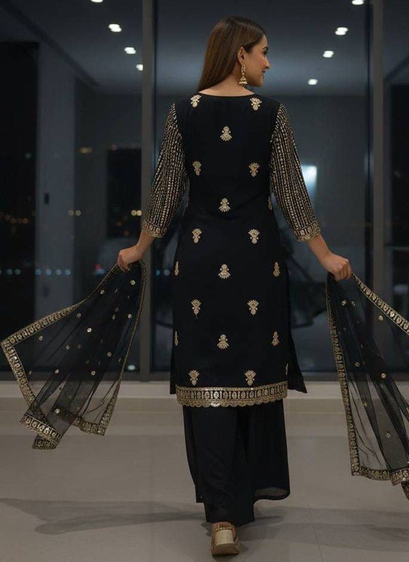 Black colour georgette embroidered kurti palazzo set