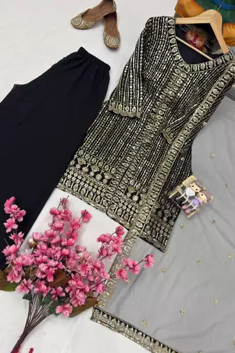 Black georgette embroidered kurti palazzo set