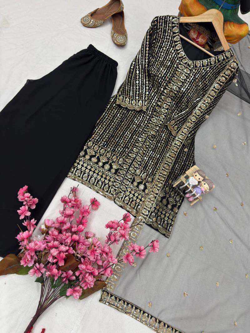 Black colour georgette embroidered kurti palazzo set