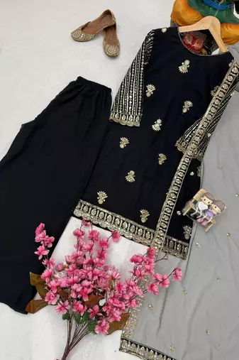 Black georgette embroidered kurti palazzo set