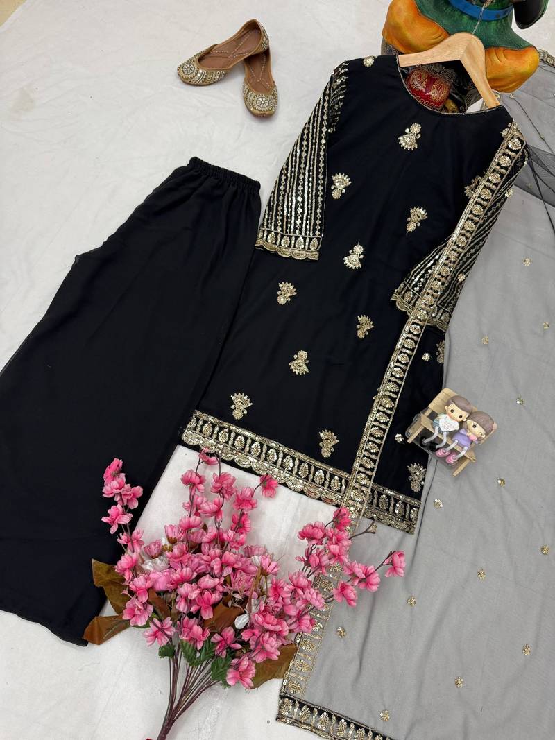 Black colour georgette embroidered kurti palazzo set