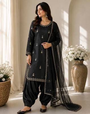Black premium satin farshi suit set with dupatta 1