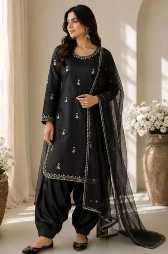 Black colour premium satin farshi suit set with dupatta