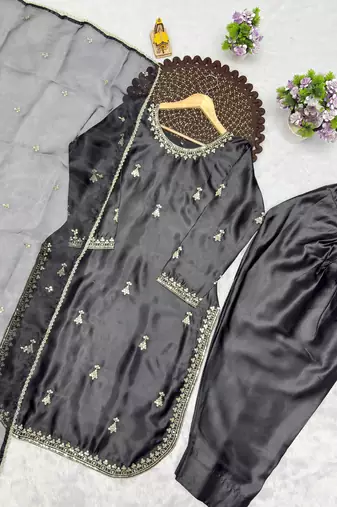 Black premium satin farshi suit set with dupatta