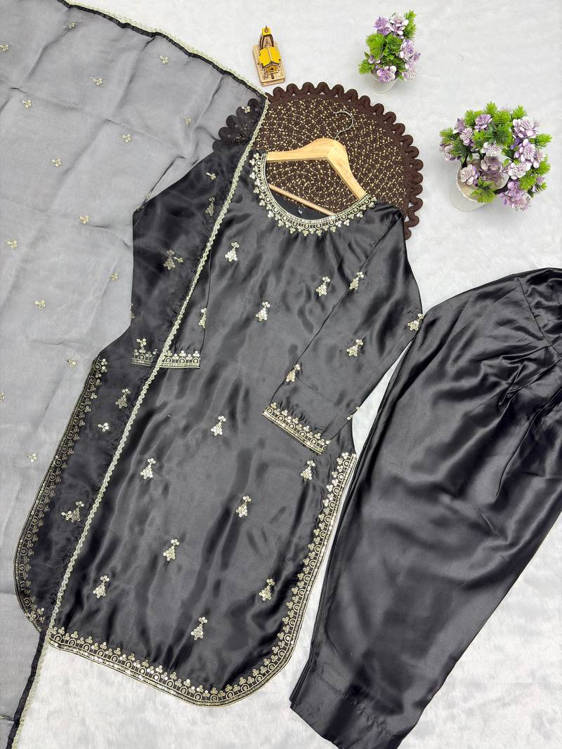 Black colour premium satin farshi suit set with dupatta