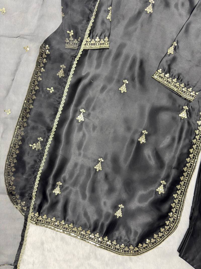 Black colour premium satin farshi suit set with dupatta