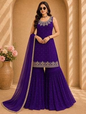 Purple colour faux georgette embroidered sharara suit with dupatta 1