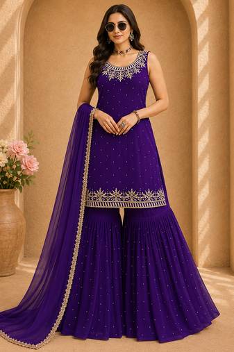 Purple colour faux georgette embroidered sharara suit with dupatta