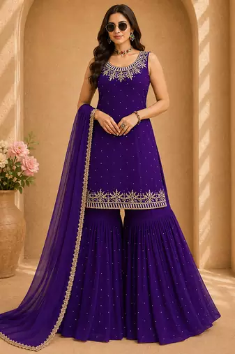 Purple colour faux georgette embroidered sharara suit with dupatta
