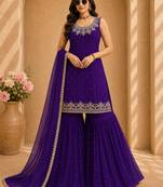 Purple colour faux georgette embroidered sharara suit with dupatta