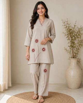 Cream colour pure cotton kantha work co-ord set 1