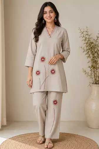 Cream colour pure cotton kantha work co-ord set