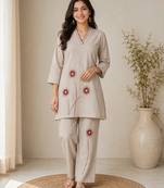 Cream colour pure cotton kantha work co-ord set