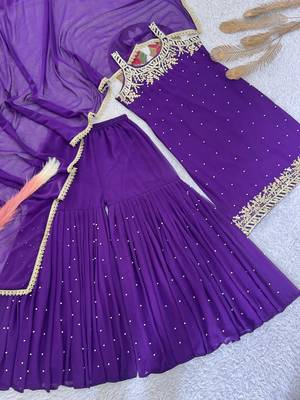 Purple colour faux georgette embroidered sharara suit with dupatta 2