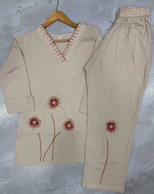 Cream colour pure cotton kantha work co-ord set 2