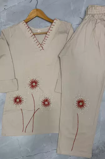 Cream colour pure cotton kantha work co-ord set