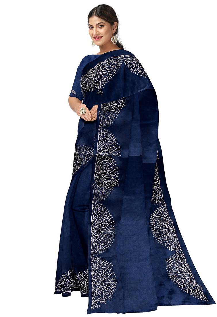 Navy blue embroideres organza silk saree